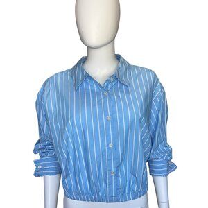 Ava & Viv Blue & White Striped Button-Down Cropped Shirt XXL 100% Cotton